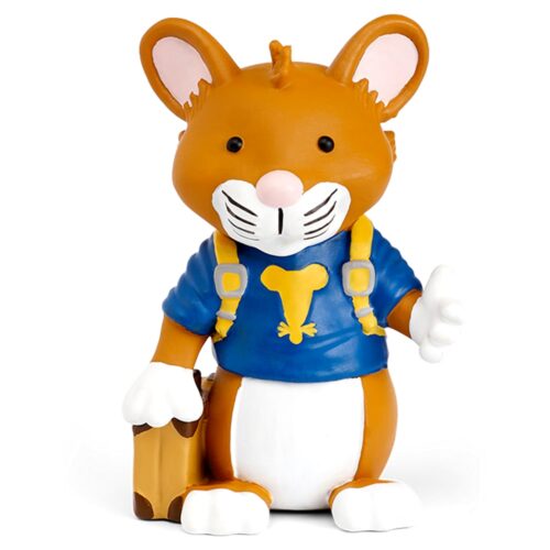 Eine süße Cartoon-Maus im blauen Hemd winkt und hält einen Koffer.