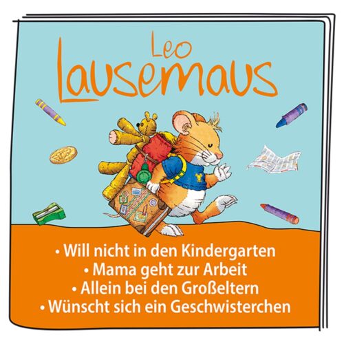 Eine Zeichentrickmaus, die einen Rucksack mit schwebenden Objekten trägt