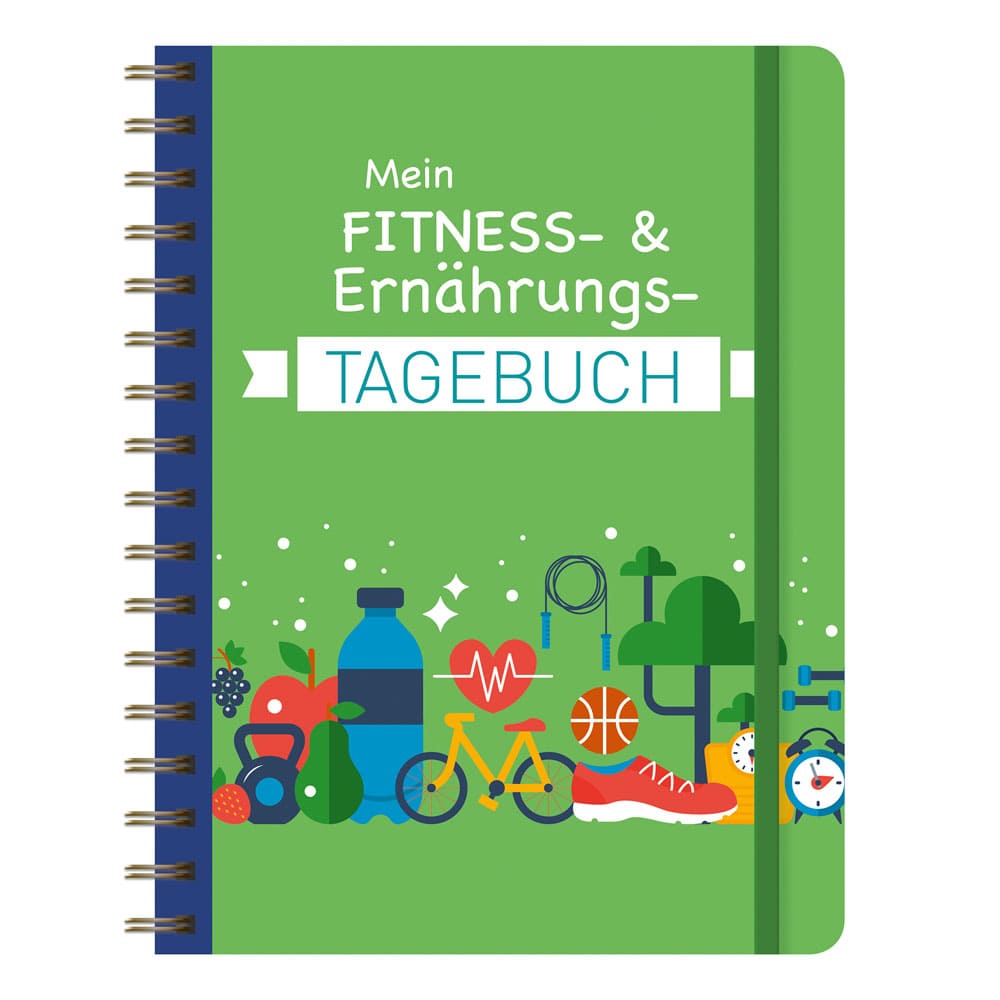 Grüner Fitness- und Ernährungstagebuch-Umschlag mit Trainings- und Lebensmittelillustrationen.