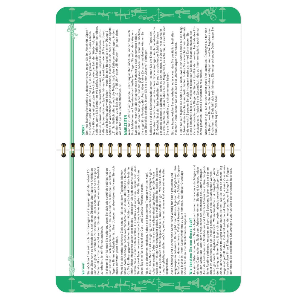 Offenes Heft mit Spiralbindung, Text in Spalten und grünem Rand mit Abbildungen.