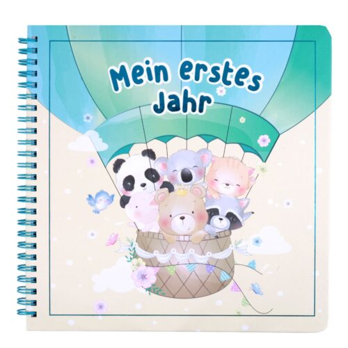 Kinderbuchcover mit Tieren im Heißluftballon und dem Text „Mein erstes Jahr.