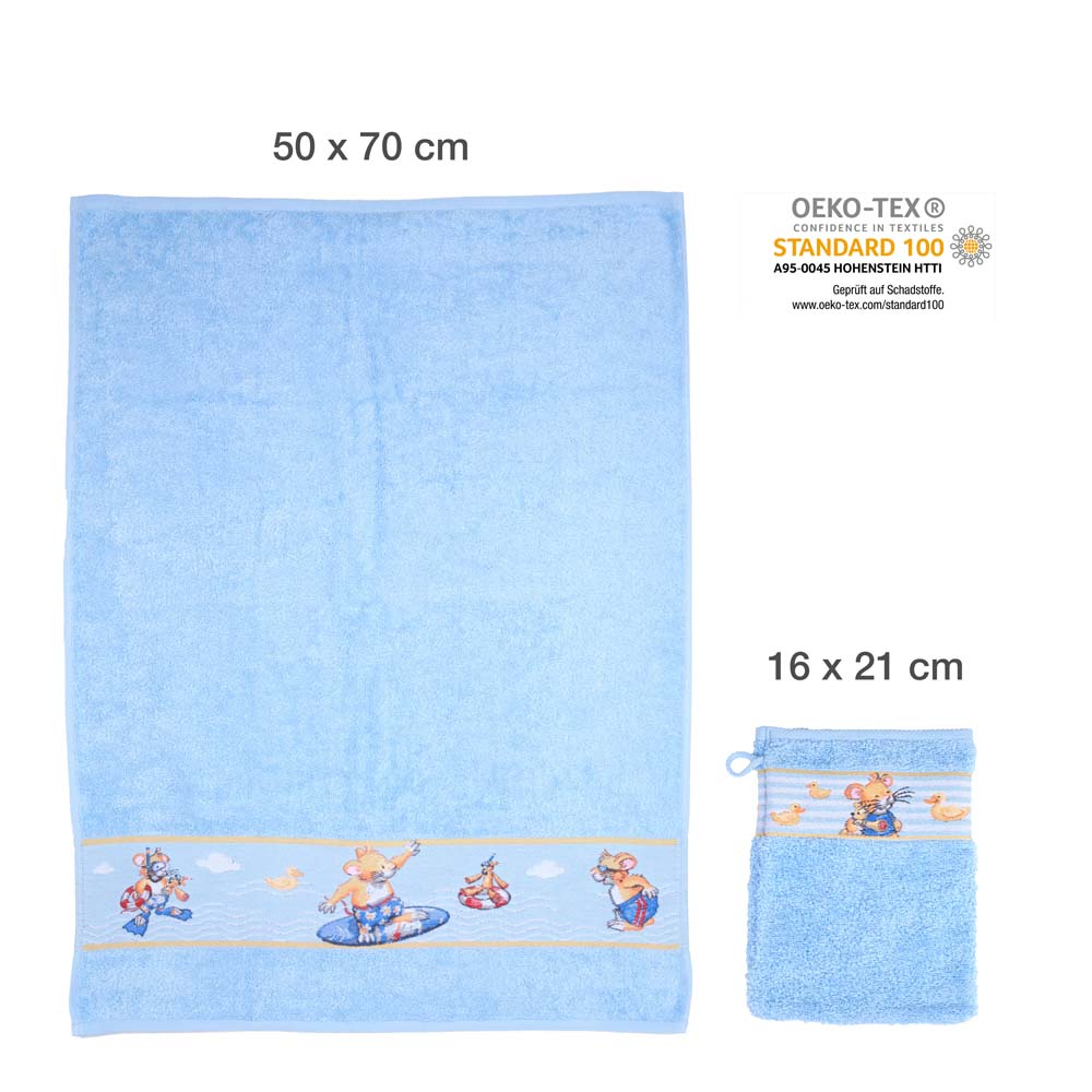 Blaues Handtuch und Waschlappen mit Cartoon-Design, gekennzeichnet mit OEKO-TEX Standard 100 und in den Maßen 50x70 cm und 16x21 cm.