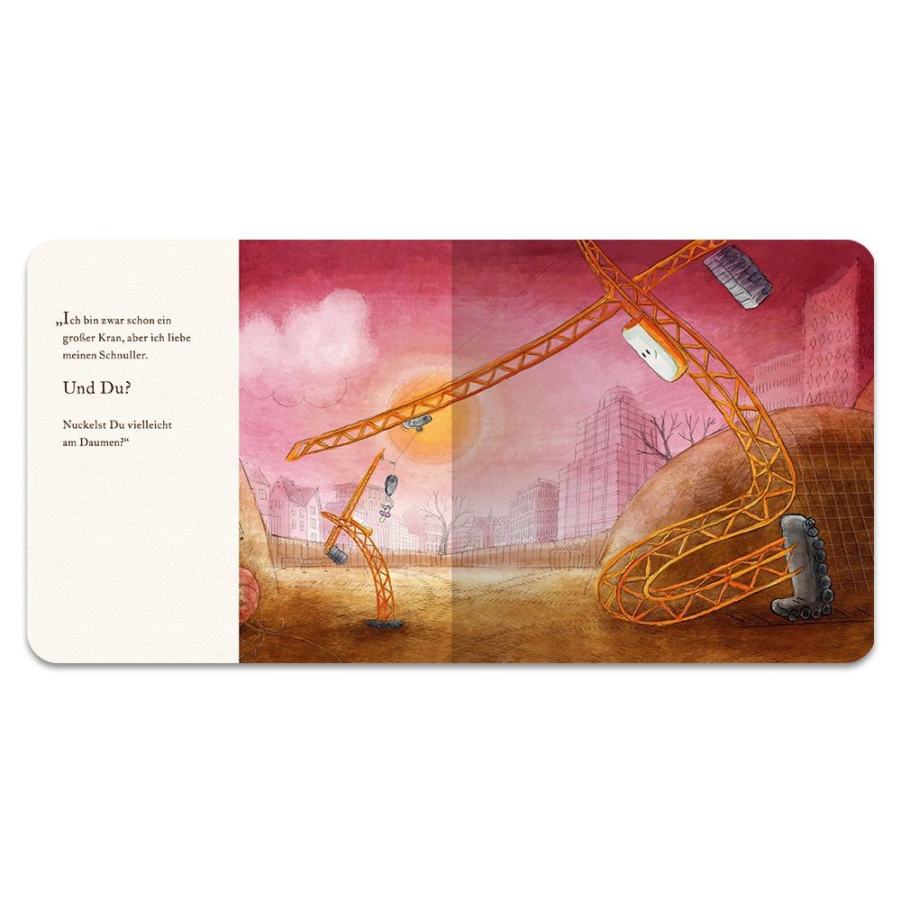 Illustration einer Baustelle mit Kränen und einem Sonnenuntergang im Hintergrund. Text auf der linken Seite.