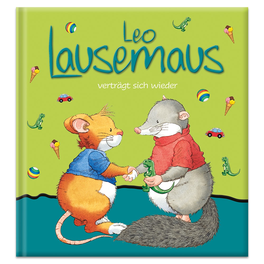 Illustriertes Cover von „Leo Lausemaus“ mit zwei Tieren beim Händeschütteln, umgeben von Spielzeug und Eis.