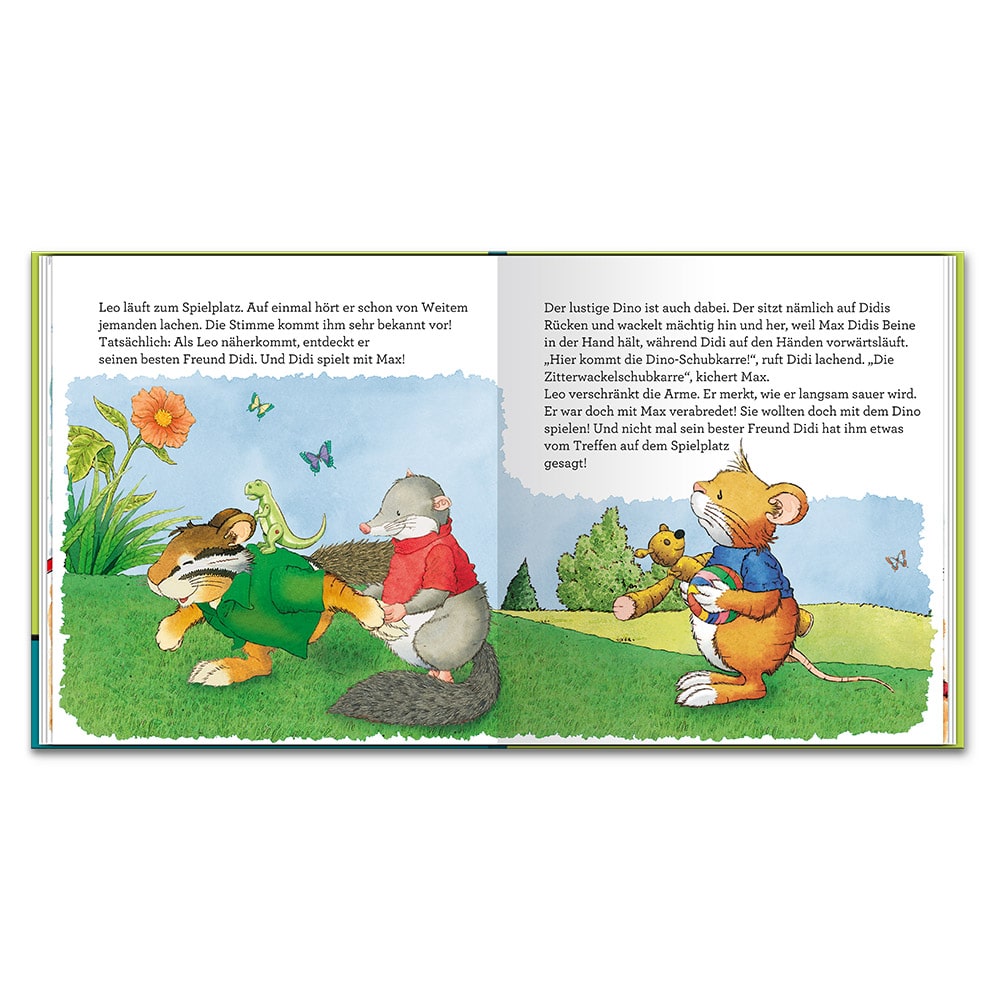 Illustration von Tieren, die in einem Park spielen und ein Kinderbuch mit lebendigen Farben und verspielten Szenen lesen.