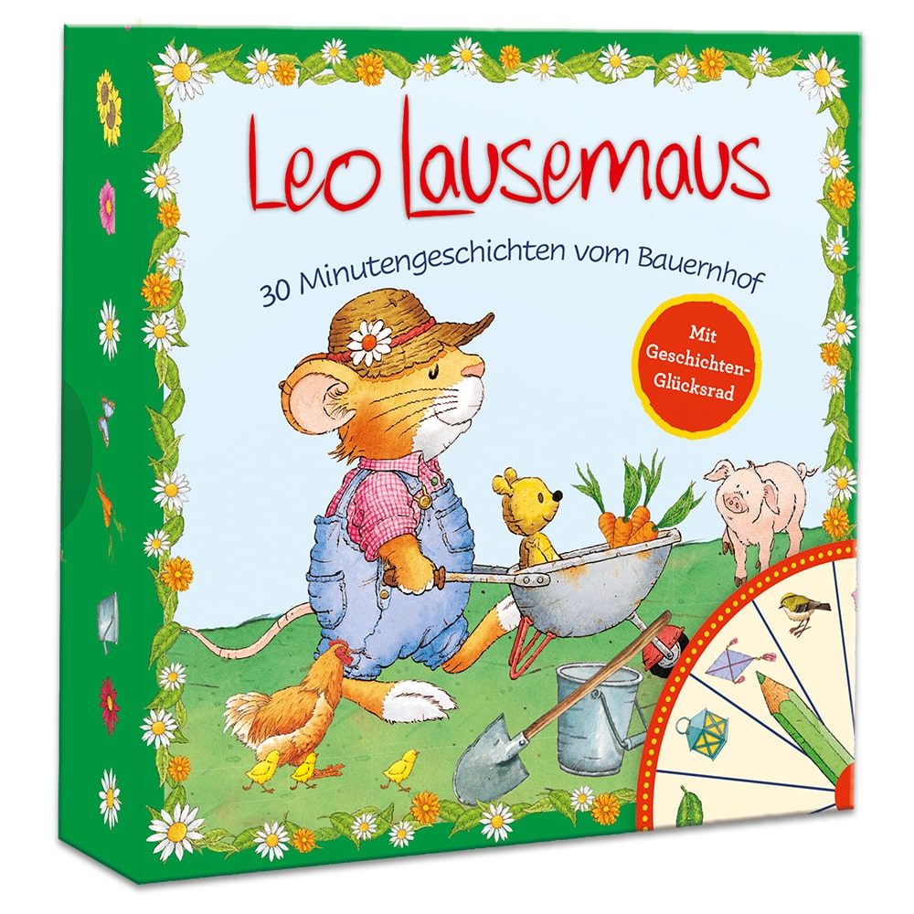 Farbenfrohes Kinderbuchcover mit einer Maus im Overall, die eine Schubkarre schiebt, umgeben von Bauernhoftieren und Blumen.