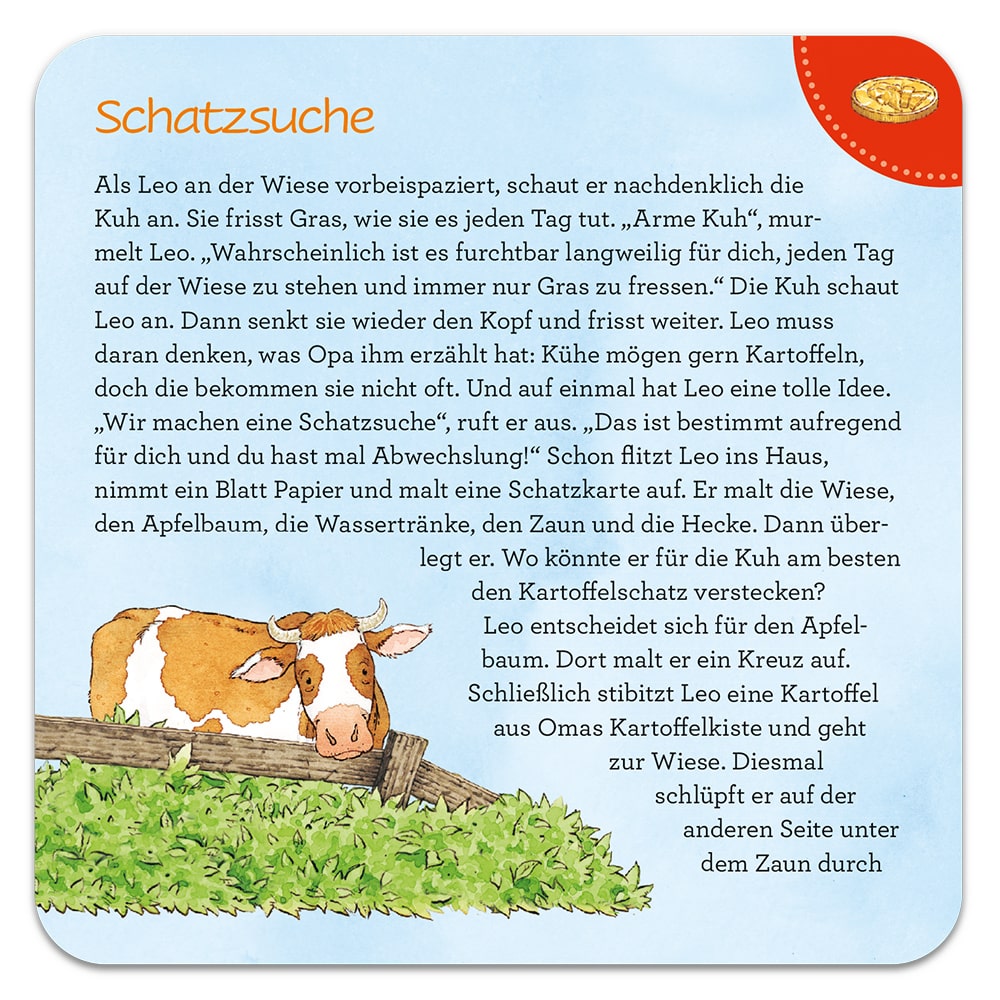 Illustration einer Kuh mit einer Textgeschichte über einen Jungen namens Leo und seine Abenteuer mit einer Schatzkarte.