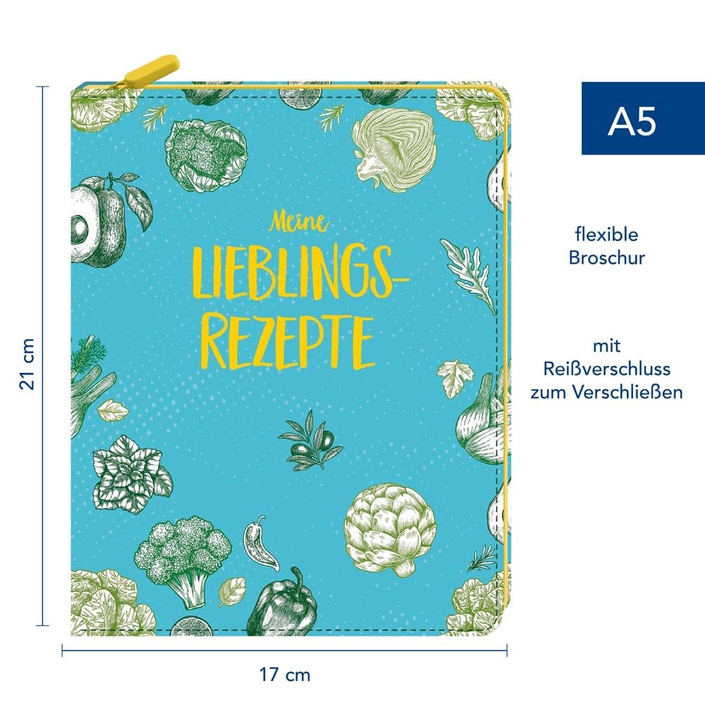 A5-Kochbuch mit gelbem Text und grünen Gemüseillustrationen auf blauem Einband. 21 cm x 17 cm.