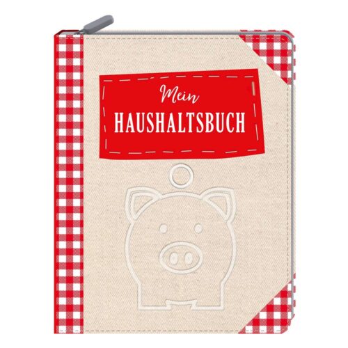 Abbildung eines Haushaltsbuchs mit Sparschwein-Design und rot kariertem Rand. Der Text lautet „Mein Haushaltsbuch“.