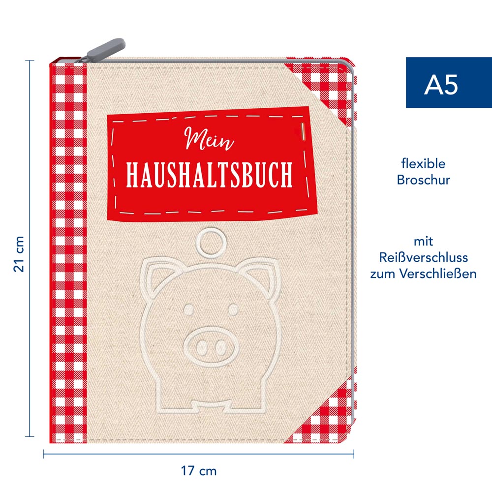 Ein beige-rot kariertes Notizbuch mit Sparschwein-Motiv und dem Text „Mein Haushaltsbuch“ auf dem Umschlag, Größe A5.
