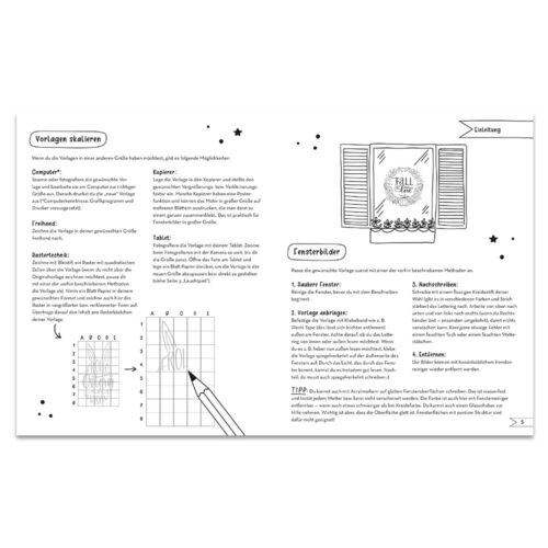 Schwarzweiße Anleitung mit Abbildungen, Text und Rasterlayout zum Basteln.