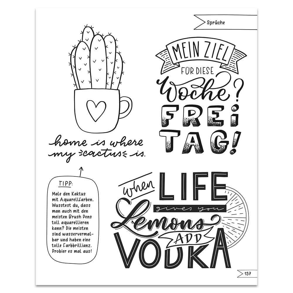 Schwarz-weißes Typografie-Poster mit Kakteen, motivierenden Sprüchen und einem getränkebezogenen Zitat auf Deutsch.