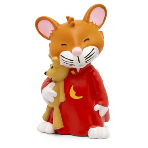 Zeichentrickmaus im roten Gewand umarmt ein Stofftier.