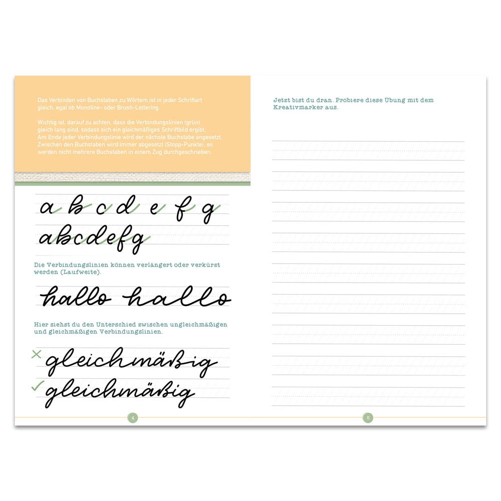 Eine Handschrift-Übungsseite für kursive Buchstaben und Wörter, mit geführten Linien und Beispieltext auf Deutsch.