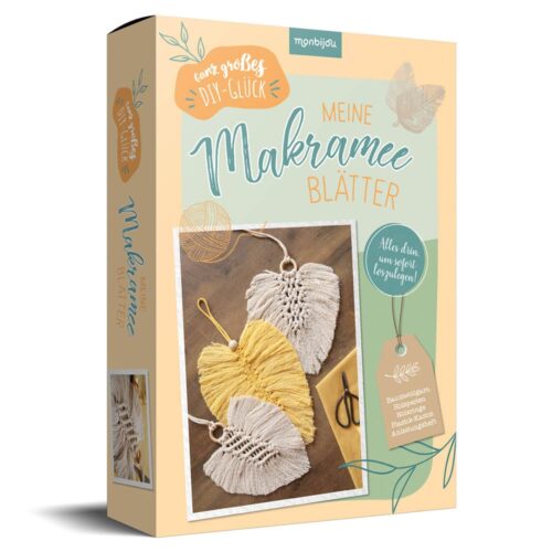 Schachtel mit einem DIY-Makramee-Blätter-Set mit Bildern abgeschlossener Makramee-Projekte auf der Verpackung.