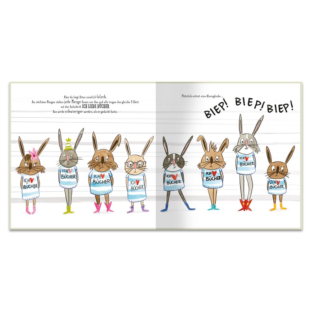 Illustrierte Hasen mit „ICH LIEBE BÜCHER“-Shirts, in einer Reihe stehend mit „BIEP! BIEP! BIEP!“ Text oben.