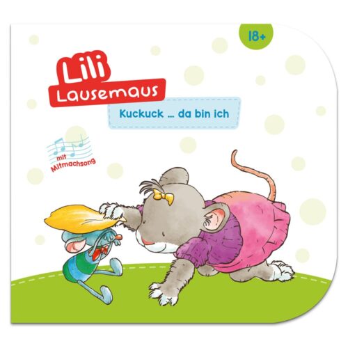 Cover eines Kinderbuchs mit einer Maus und einer grünen Figur auf gepunktetem Hintergrund.