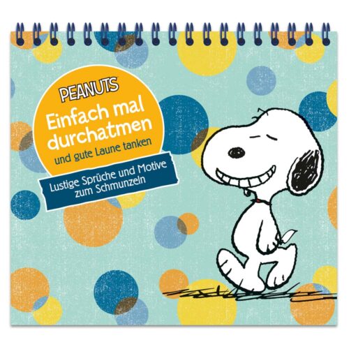 Cover eines Peanuts-Buches mit Snoopy und bunten Tupfen. Text: „Einfach mal durchatmen und gute Laune tanken.“