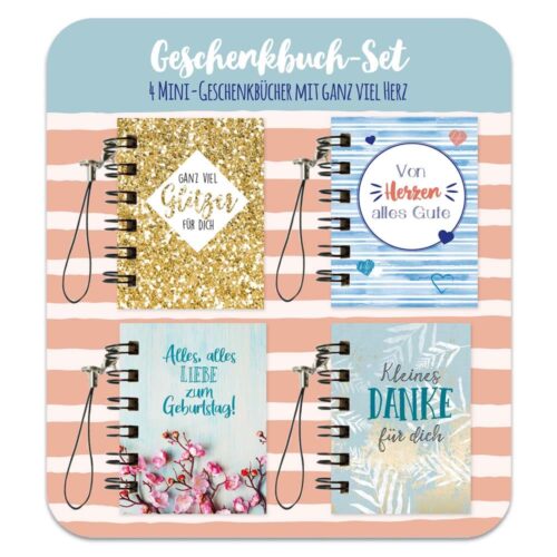 Geschenkbuch-Set mit vier Mini-Spiralnotizbüchern mit deutschen Motivationsbotschaften und dekorativen Covern.