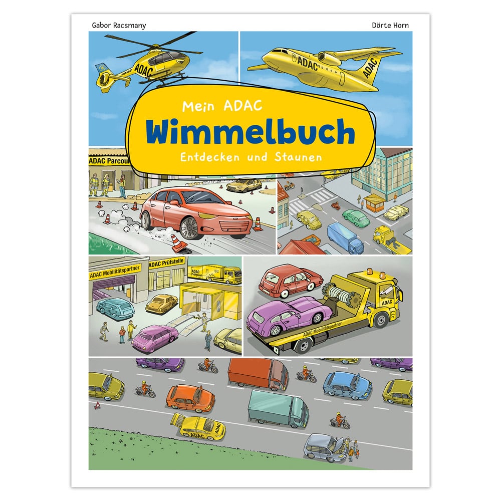 Buchcover im Comic-Stil mit Autos, Hubschraubern und Menschen in verschiedenen Szenen. Titel: „Mein ADAC Wimmelbuch“.