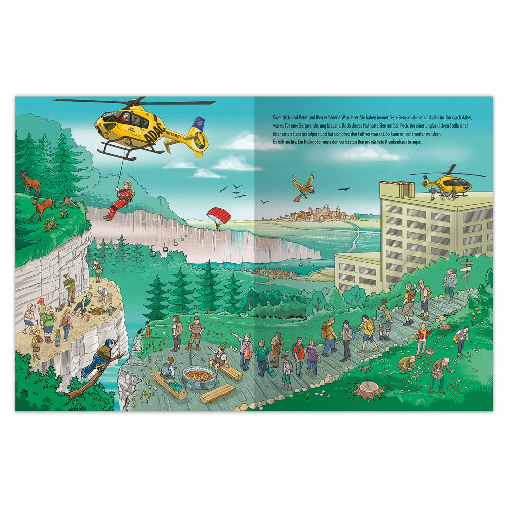 Illustration einer Rettungshubschrauberszene mit Menschen auf einem Bergpfad und einer Stadt im Hintergrund.