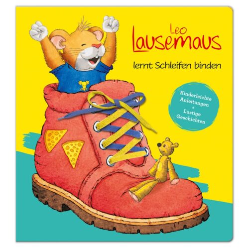 Illustrierter Buchumschlag einer Maus in einem roten Stiefel mit dem Titel „Leo Lausemaus lernt Schleifen binden.