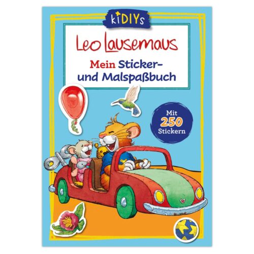 Illustriertes Kinderbuchcover mit einer Mäusefamilie im Auto und einem Luftballon. Text: „Leo Lausemaus – Mein Stickerbuch.“