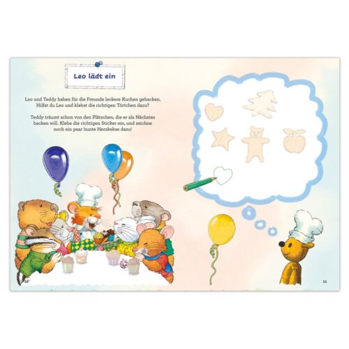 Tiere versammelten sich mit Luftballons und diskutierten mit einem Bärenkoch über die Formen von Keksen.