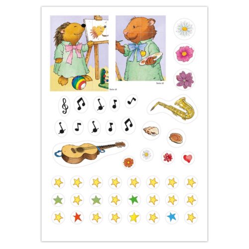 Bunte Aufkleber mit Tiergemälden, Musiknoten, einer Gitarre, einem Saxophon und verschiedenen Formen und Symbolen.