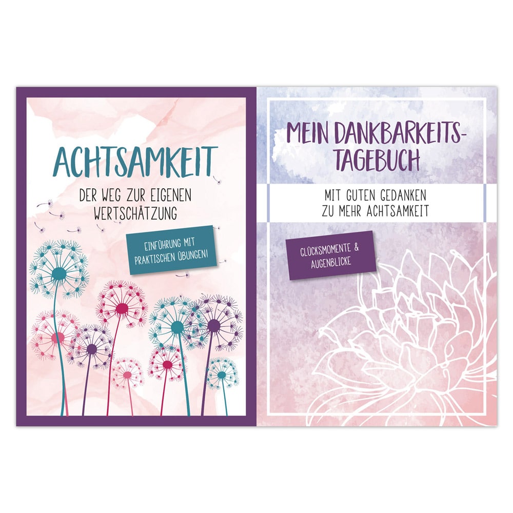 Zwei Buchcover zum Thema Achtsamkeit mit Löwenzahn- und Blumenmotiven in Pastellfarben.
