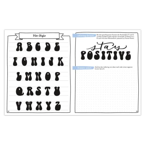 Ein Alphabet im Stil der 70er und eine „Stay Positive“-Beschriftungsanleitung auf einer linierten Arbeitsmappenseite.
