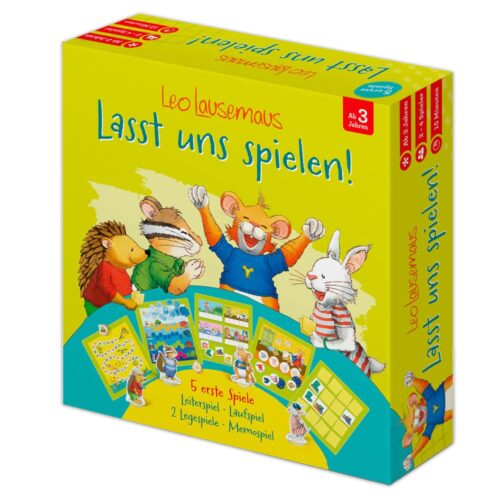 Brettspielbox mit Cartoon-Tieren mit dem Titel „Lasst uns spielen!“ von Leo Lausemaus, ab 3 Jahren.