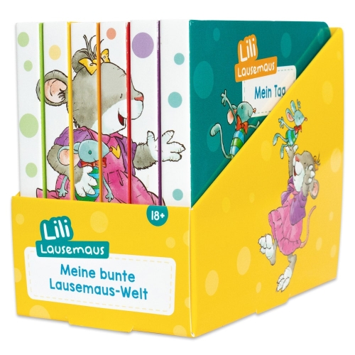 Kinderbuch-Box mit dem Titel „Lili Lausemaus“ mit farbenfrohen Illustrationen einer Mäusefigur.