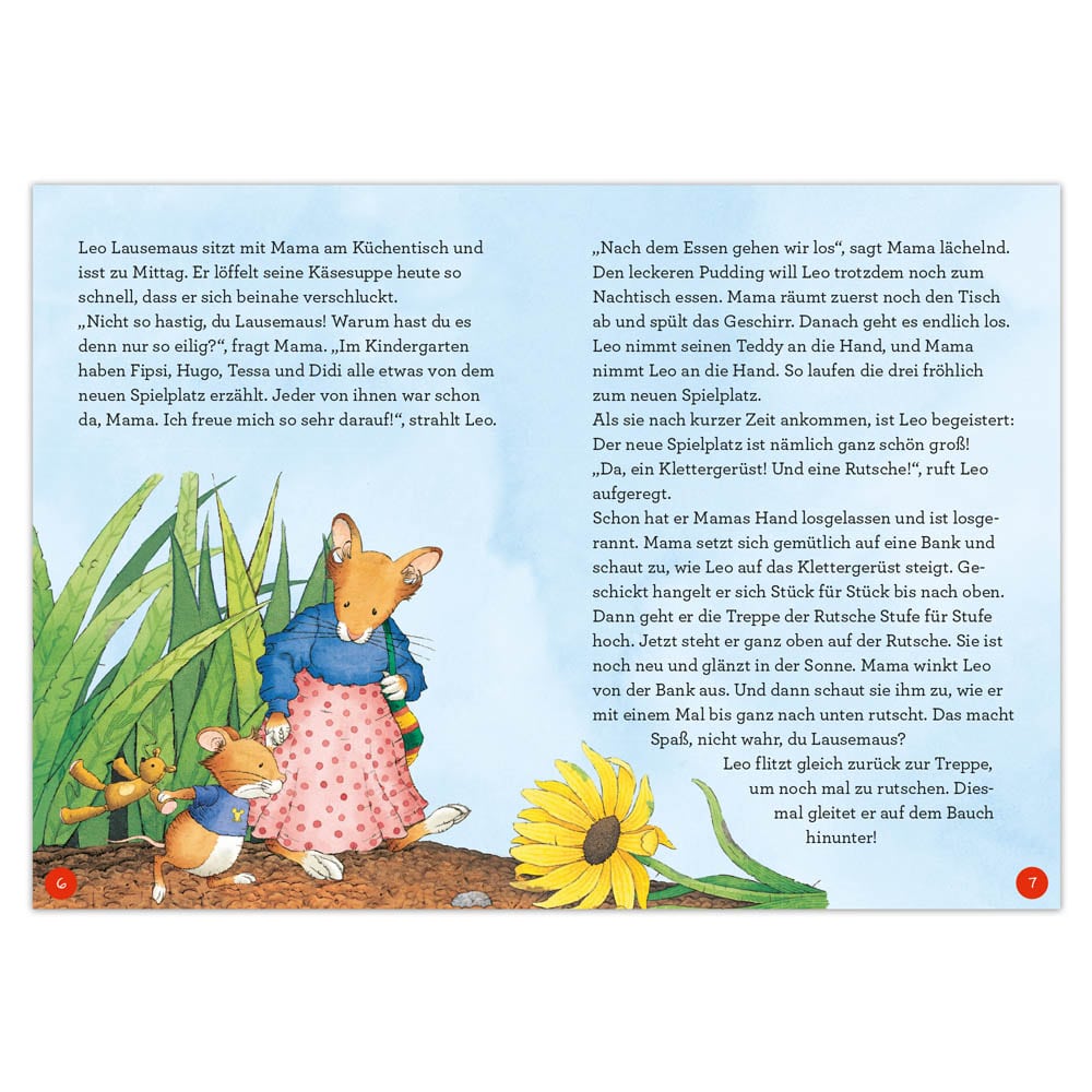 Illustration einer Maus, die einer kleineren Maus ein Buch vorliest, mit einer Gartenszene und großen gelben Blumen im Hintergrund.