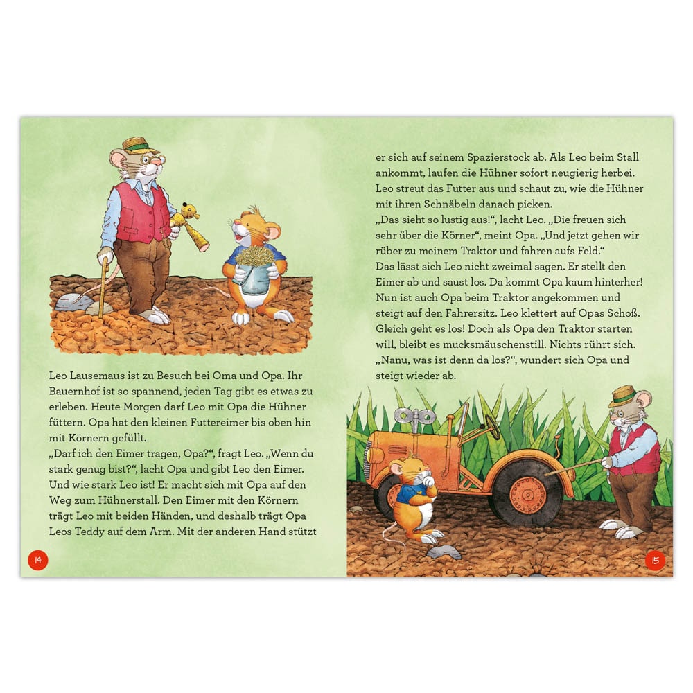 Illustration einer Bilderbuchseite mit sprechenden Tieren und deutschem Text.