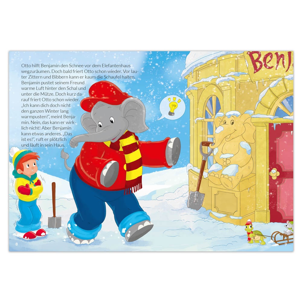 Ein Elefant in Winterkleidung schaufelt Schnee vor einem kleinen Haus, während ein Junge zusieht.