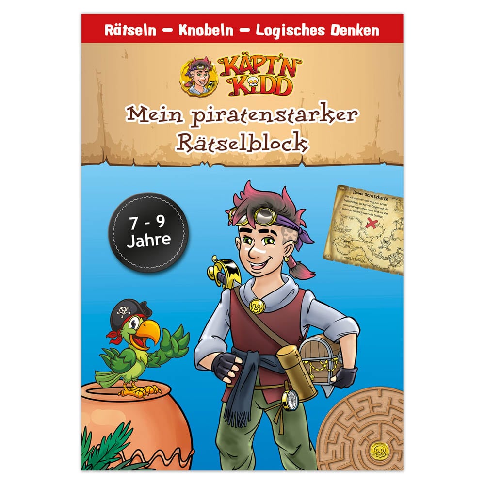 Farbenfroher Puzzle-Bucheinband mit Piratenthema für 7- bis 9-Jährige, mit einer Piratenfigur, einem Papagei und einer Schatzkarte.