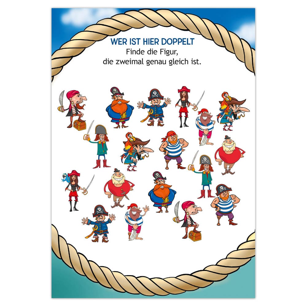 Illustration verschiedener Piraten in unterschiedlichen Outfits und Posen vor einem blauen Himmel mit Wolken und einer Seilumrandung.