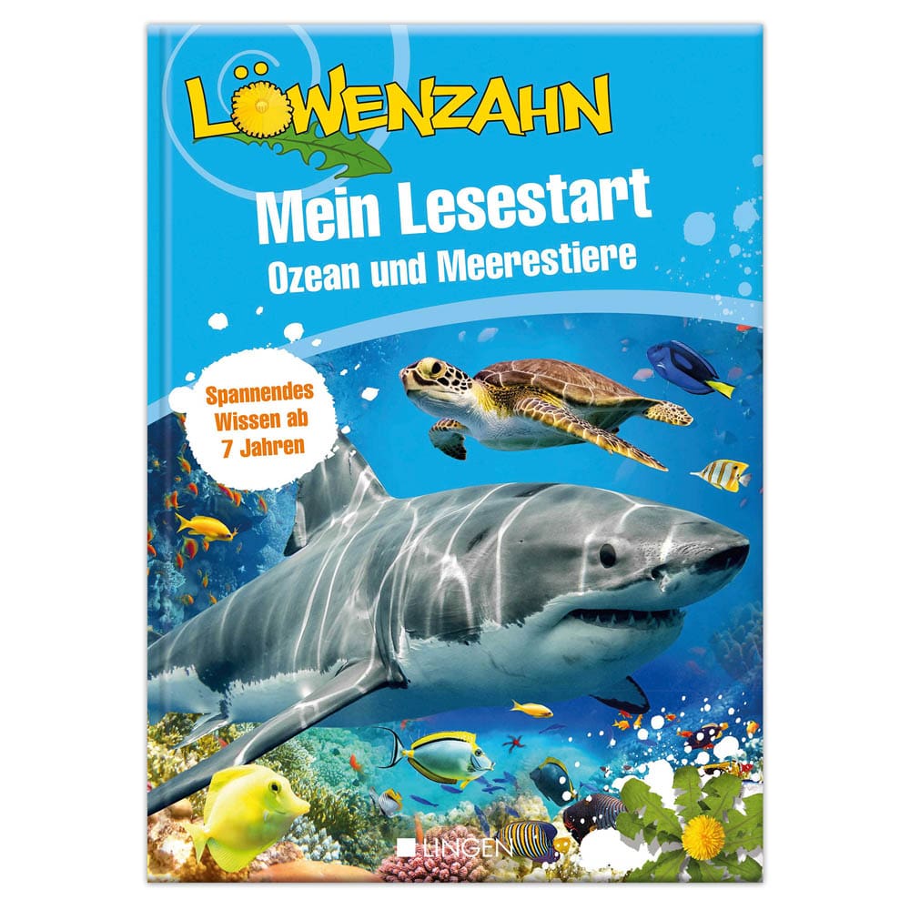Kinderbuchcover mit Meerestieren wie einem Hai, einer Schildkröte und verschiedenen Fischen vor einem bunten Hintergrund.