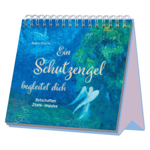 Ein blaues, spiralgebundenes Buch mit einem Engelsbild und deutschem Text: „Ein Schutzengel begleitet dich.“
