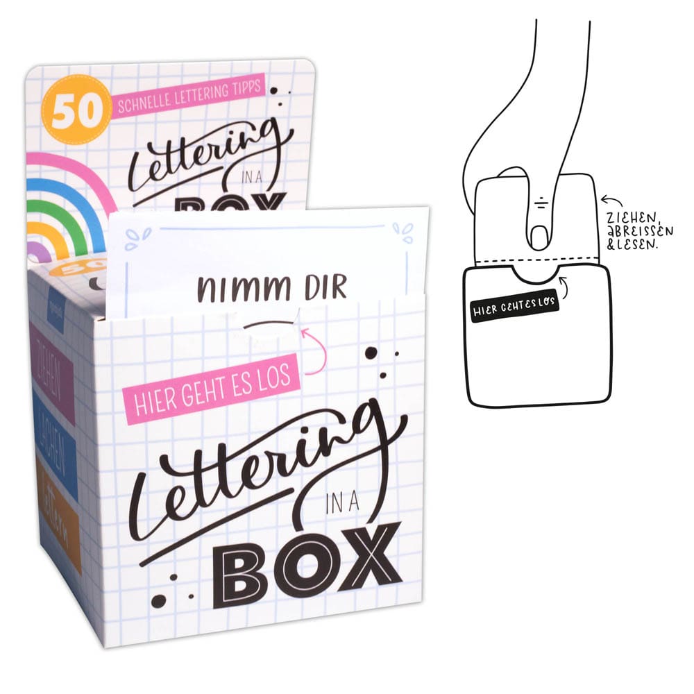 Box mit der Aufschrift „Lettering in a Box“ und einer abgebildeten Hand, die eine Karte zieht. Text auf Deutsch.