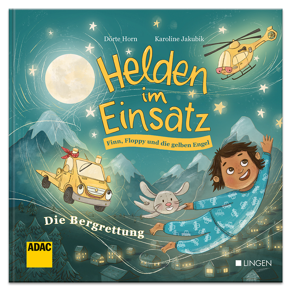 Illustriertes Buchcover, das ein Kind zeigt, das nachts mit einem Häschen fliegt, und eine Rettungsszene aus dem Hubschrauber. Titel in Deutsch.