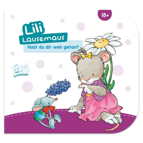 Illustration einer Maus in einem rosa Kleid mit Blumenhut, die mit einer kleinen blauen Spielzeugmaus sitzt. Deutscher Text enthalten.