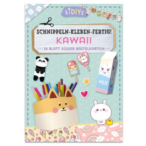 Bastelset-Hülle im Kawaii-Stil mit süßen Tieren, Milchkarton, Bleistiften und Pastellfarben.