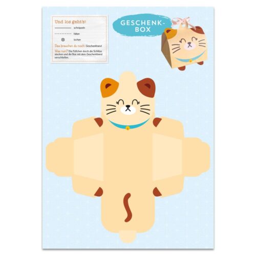 Vorlage für eine Geschenkbox in Katzenform auf hellblauem Hintergrund mit deutschem Text und Anleitung.