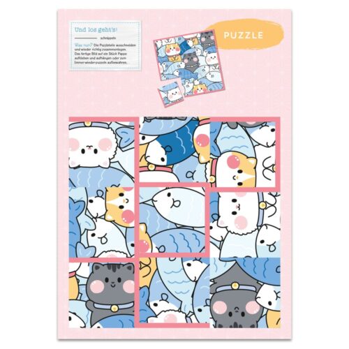 Farbenfrohes Cartoon-Tierpuzzle auf rosa Hintergrund mit verschiedenen süßen Tiergesichtern in unterschiedlichen Quadraten.