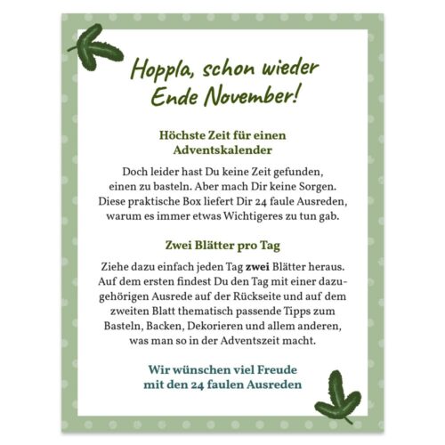 Festlicher Text mit Blättern und weihnachtlichem Rand über einen Adventskalender und kreativen Blattspitzen.