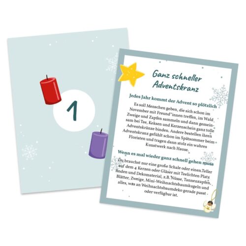 Illustration einer Adventskalenderkarte mit Kerzen und deutschem Text zur Vorbereitung auf den Advent.
